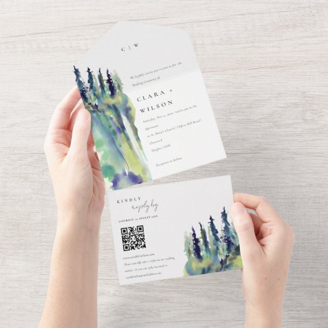 Chic Pine Tree Mountain Landscape Wedding QR Code All In One Invitation (Tearaway)
