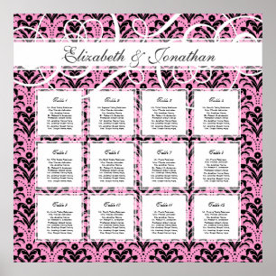 Chic Pink and Black 12 Wedding Table Seating Chart