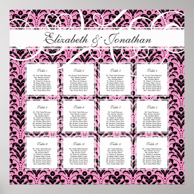 Chic Pink and Black 12 Wedding Table Seating Chart (Front)