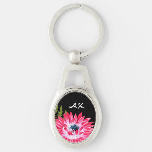 Chic Pink and Black Floral With Monogram Initials Keychain