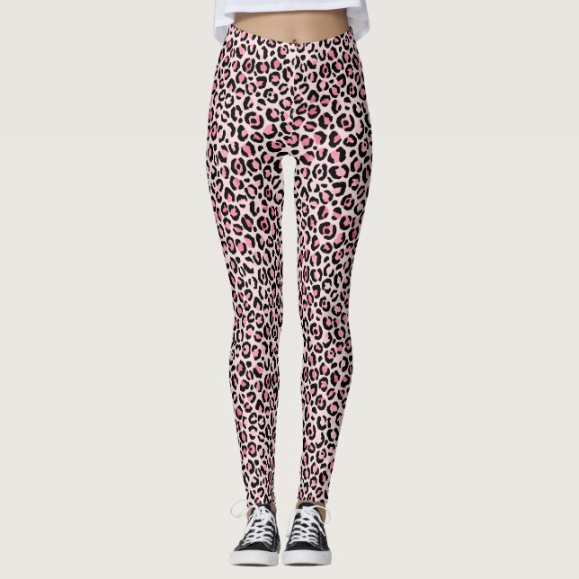 Chic Pink and Black Leopard Print Leggings (Front)
