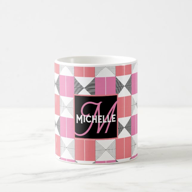 CHic pink and black modern geometric monogrammed Coffee Mug (Center)