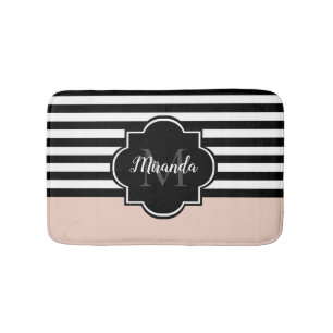 Chic Pink and Black Wide Stripes Name and Monogram Bath Mat