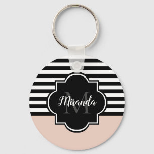 Chic Pink and Black Wide Stripes Name and Monogram Keychain