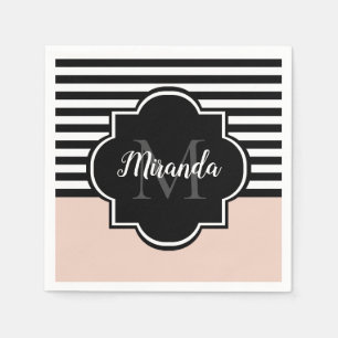 Chic Pink and Black Wide Stripes Name and Monogram Napkin