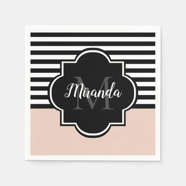 Chic Pink and Black Wide Stripes Name and Monogram Napkin (Front)