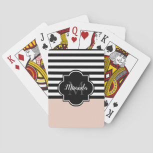 Chic Pink and Black Wide Stripes Name and Monogram Playing Cards
