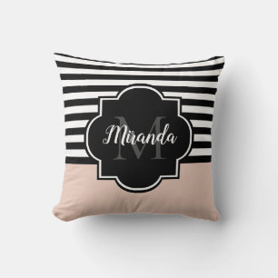 Chic Pink and Black Wide Stripes Name and Monogram Throw Pillow