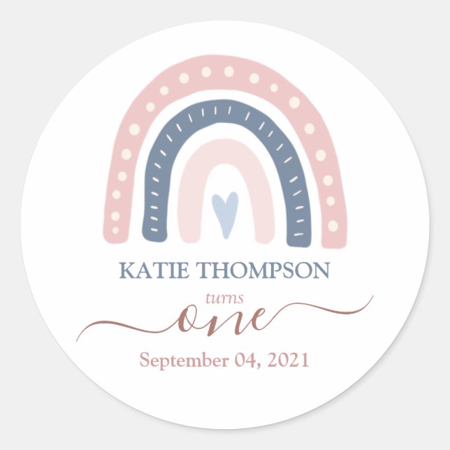 Chic Pink and Blue Rainbow Boho First Birthday Classic Round Sticker (Front)