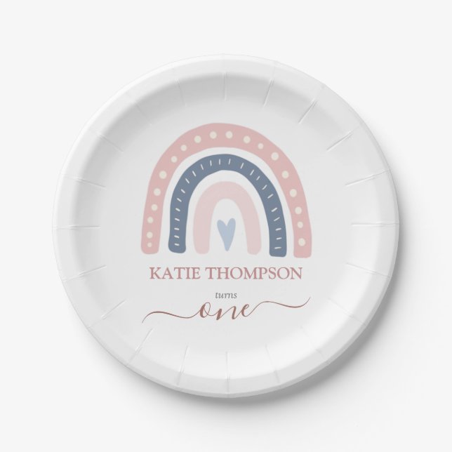 Chic Pink and Blue Rainbow Boho First Birthday Paper Plate (Front)