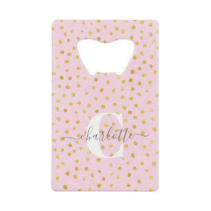 Chic Pink and Gold Dots Monogram Name Credit Card Bottle Opener