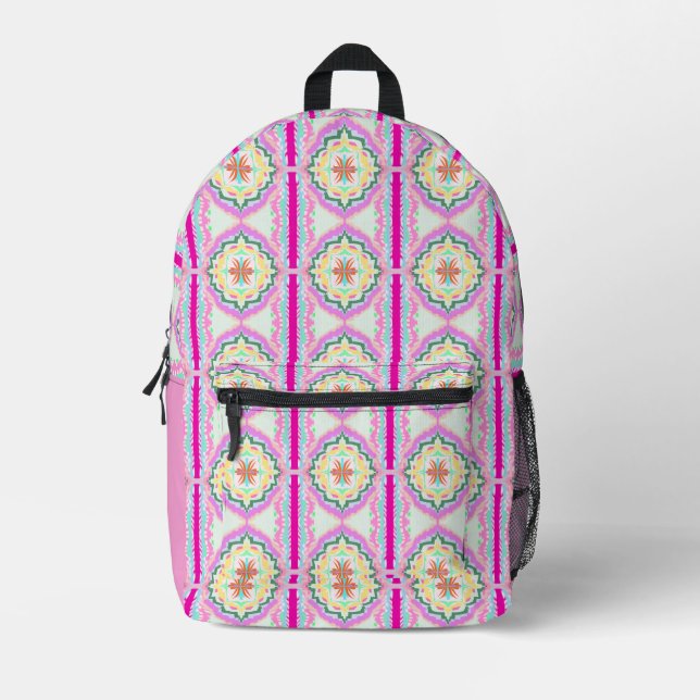 Chic Pink and Gold Geometric Floral Pattern Printed Backpack (Front)