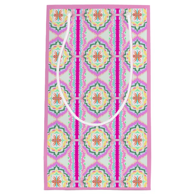 Chic Pink and Gold Geometric Floral Pattern Small Gift Bag (Front)