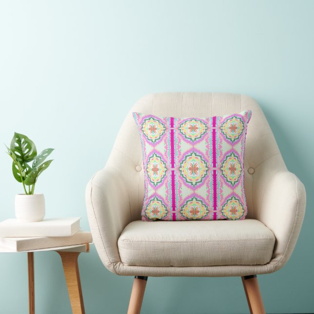Chic Pink and Gold Geometric Floral Pattern Throw Pillow (Chair)