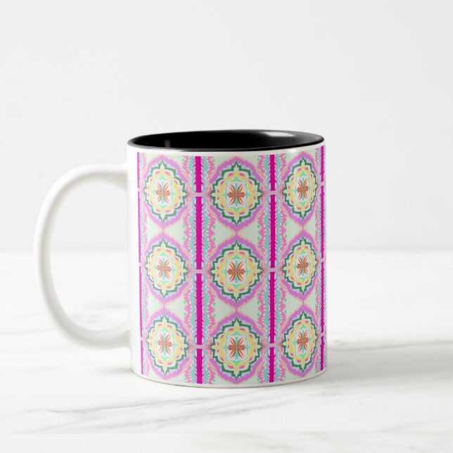Chic Pink and Gold Geometric Floral Pattern Two-Tone Coffee Mug (Left)