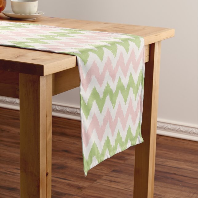 Chic pink and green geometric chevron pattern short table runner (In Situ)