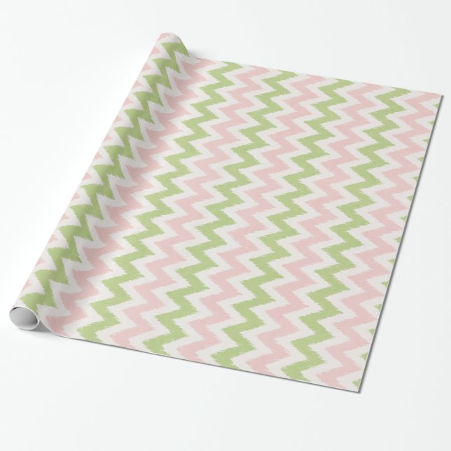 Chic pink and green geometric chevron pattern wrapping paper (Unrolled)