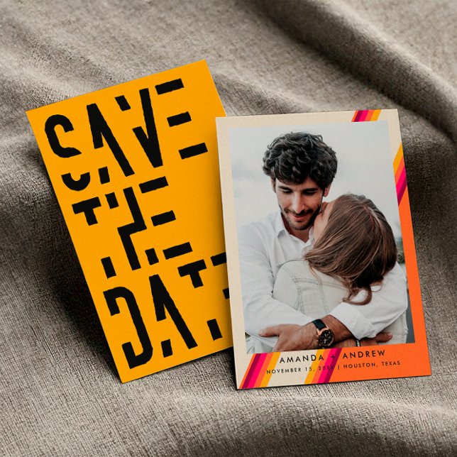 Chic Pink and Orange 70s Retro Stripes Wedding Save The Date (Front / Back)