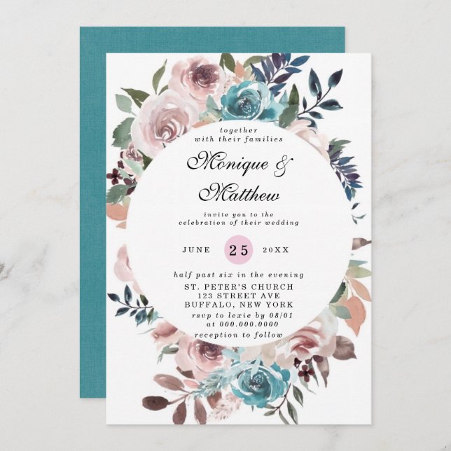 Chic Pink and Teal Watercolor Peony Wedding Invitation (Front/Back)