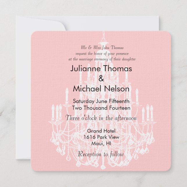 Chic Pink and White Chandelier Wedding Invitation (Front)