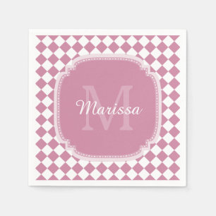 Chic Pink and White Checked Monogrammed Name Napkin