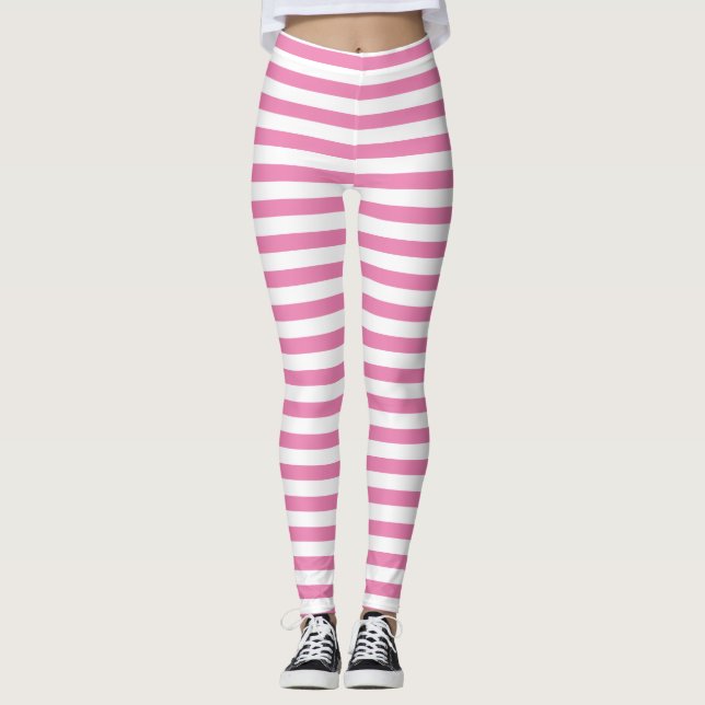 Chic Pink and White Striped  Leggings (Front)
