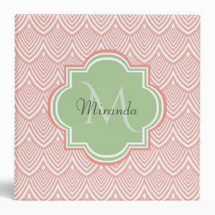 Chic Pink Arched Scallops Soft Green Monogram Name Binder
