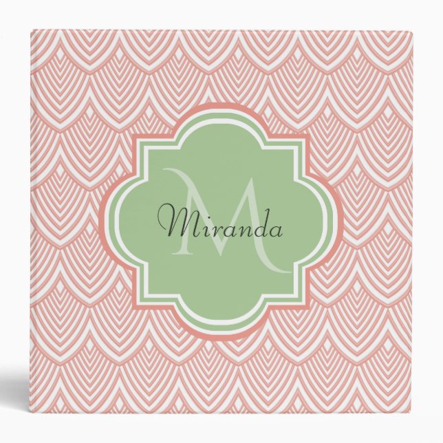 Chic Pink Arched Scallops Soft Green Monogram Name Binder (Front)