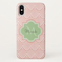 Chic Pink Arched Scallops Soft Green Monogram Name