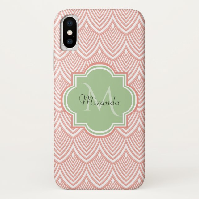 Chic Pink Arched Scallops Soft Green Monogram Name Case-Mate iPhone Case (Back)
