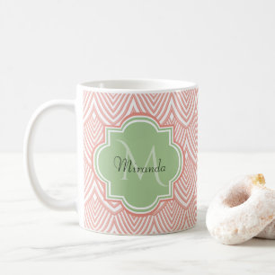 Chic Pink Arched Scallops Soft Green Monogram Name Coffee Mug
