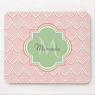 Chic Pink Arched Scallops Soft Green Monogram Name Mouse Pad