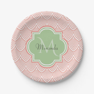 Chic Pink Arched Scallops Soft Green Monogram Name Paper Plate