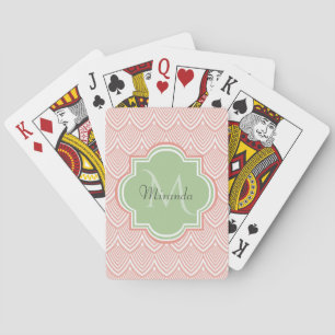 Chic Pink Arched Scallops Soft Green Monogram Name Playing Cards