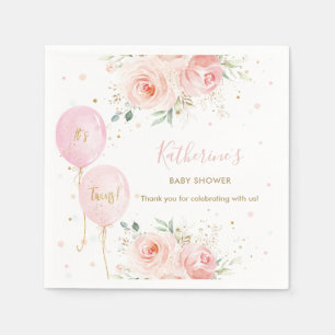 Chic Pink Balloons Floral Twin Girls Baby Shower Napkin