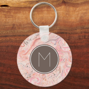 Chic Pink Beige Grey Marble Monogram Keychain