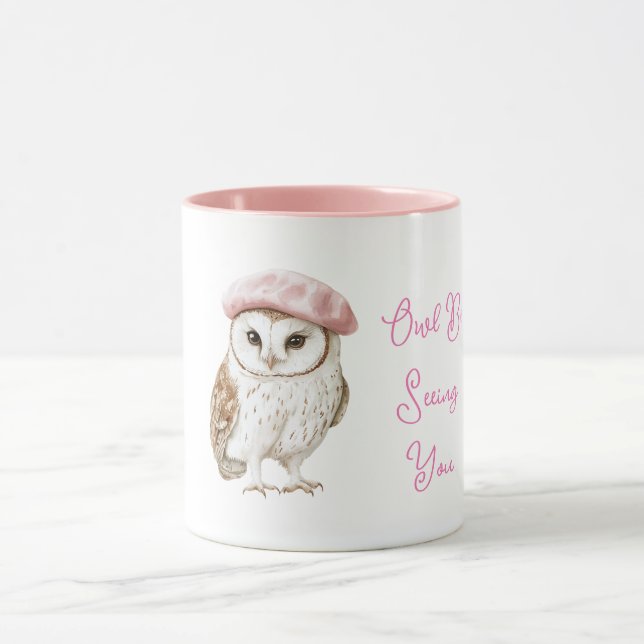 Chic Pink Beret Brown White Owl Be Seeing You Mug (Center)
