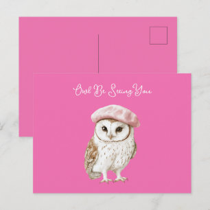Chic Pink Beret Brown White Owl Be Seeing You Postcard