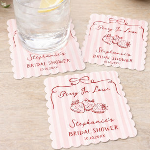 Chic Pink Berry In Love Bridal Shower Personalized Paper Coaster