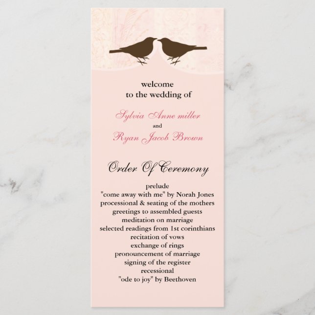 Chic pink bird cage, love birds wedding programs (Front)