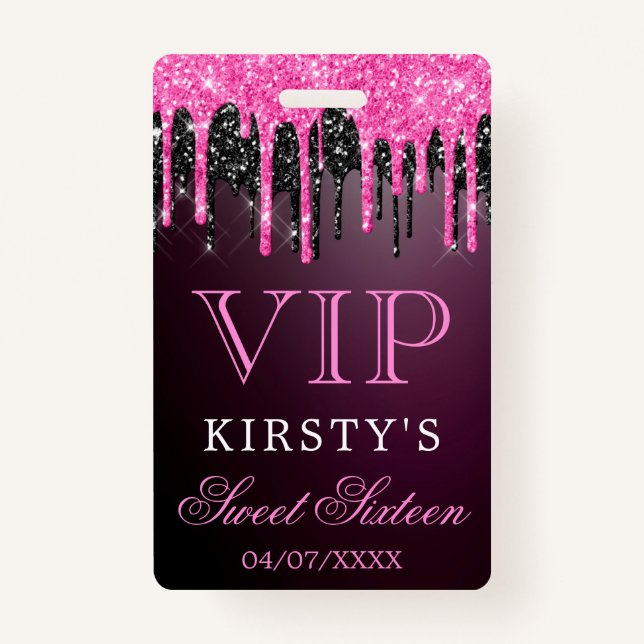 Chic Pink Black Dripping Glitter Sweet Sixteen Badge (Front)