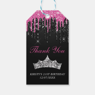 Chic Pink Black Dripping Glitter Tiara Birthday Gift Tags