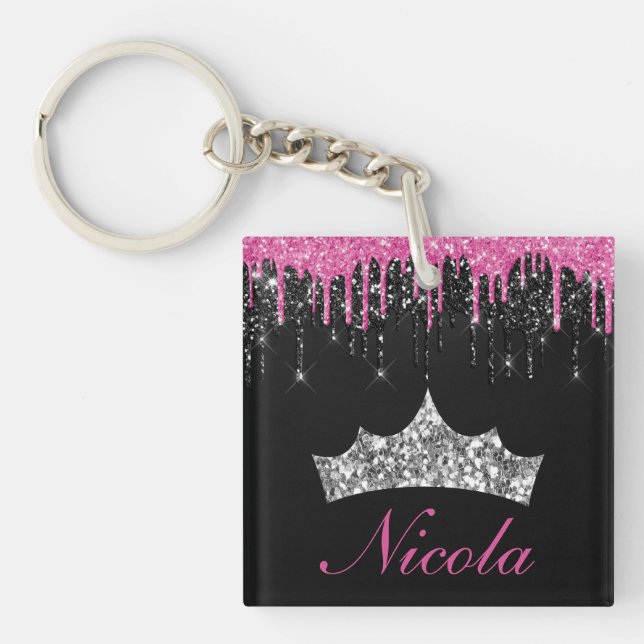 Chic Pink Black Dripping Glitter Tiara Name Keychain (Front)