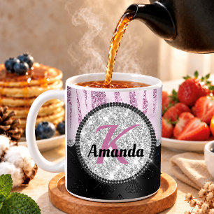 Chic pink black faux glitter animal print monogram coffee mug