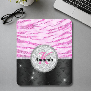 Chic pink black faux glitter animal print monogram mouse pad