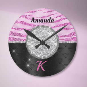 Chic pink black faux glitter animal print monogram round clock