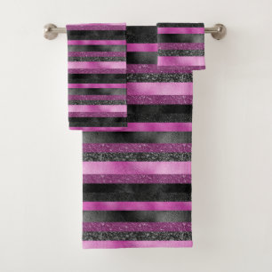 Chic Pink Black Glitter Stripe Glam Design Bath Towel Set
