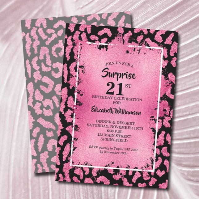 Chic Pink Black Leopard 21st Birthday Invitation (Chic pink and black leopard print 21st birthday party invitations, PRINTED and/or INSTANT DOWNLOAD)