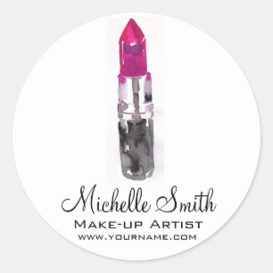 Chic pink black silver watercolor lipstick Makeup Classic Round Sticker