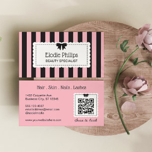 Chic Pink Black Stripes Scalloped Edges & Bow Business Card